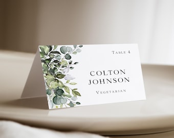 Greenery Wedding Place Cards with Meal Choice: Elegant Eucalyptus Outdoor, Personalized and Printed, PC110