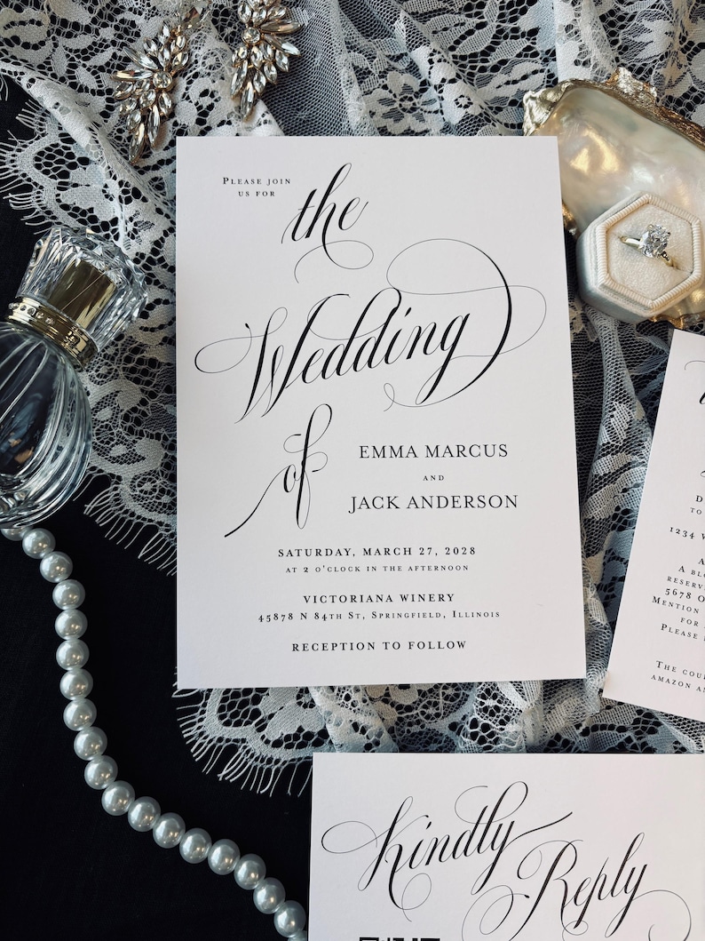 Classic Wedding Invitation Suite qr code printed: envelopes, rsvp card, details card, calligraphy, W251 image 5