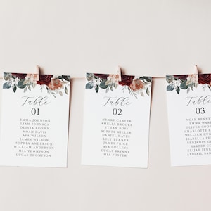 Blush and Burgundy Floral Seating Chart Cards, Winter or Fall Wedding, printed, personalized, SC131