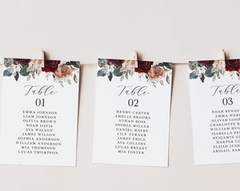 Blush and Burgundy Floral Seating Chart Cards, Winter or Fall Wedding, printed, personalized, SC131