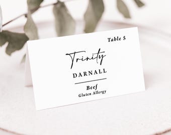 Wedding Place Cards with Meal Choice and Allergies printed: personalized names, rehearsal dinner PC170