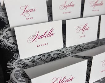 Burgundy Place Cards printed with personalized names: classic rehearsal dinner, wedding, shower PC253