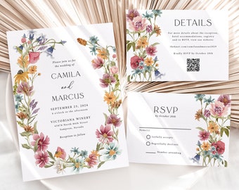 Wildflower Wedding Invitation Printed, summer wedding, jewel tone, boho wedding, floral invite, outdoor, garden invitation suite, RSVP, W209