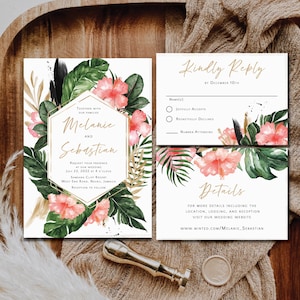 Hawaii Wedding Invitation Suite printed, Hawaiian wedding invitation, hibiscus wedding invitation, tropical floral, tropical wedding, W161 image 8