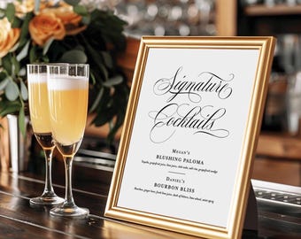 Classic Signature Drinks Wedding Sign printed: reception decor, his and hers, WS133