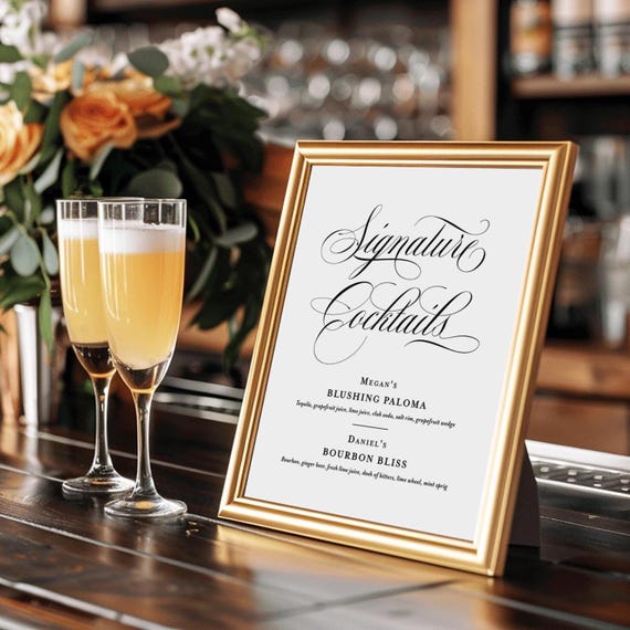 Classic Signature Drinks Wedding Sign printed: reception decor, his and hers, WS133