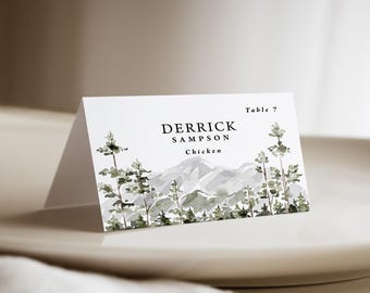 Mountain Wedding Place Cards with Meal Choice: Printed and Personalized Forest Outdoor, PC119
