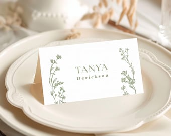 Sage Green Floral Place Cards Printed and Personalized: shower or wedding, rehearsal dinner, PC251