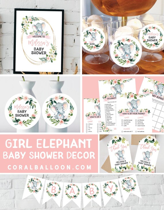 Girl Elephant Baby Shower Decorations In Pink And Gray Banner