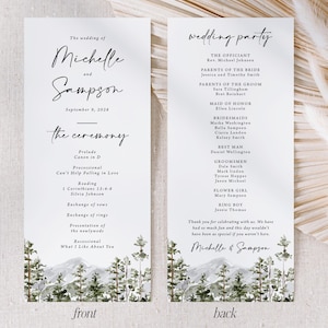 May include: Wedding program featuring the names "Michelle and Sampson" and the date "September 9, 2028." The front side lists the ceremony details, while the back side lists the wedding party. The design includes a watercolor mountain and tree illustration.