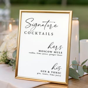 Printed Signature Cocktail Sign: Modern Black & White His and Hers Bar Menu
