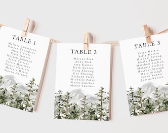 Mountain Wedding Seating Charts printed, seating chart cards, reception decor, wedding reception, table seating assignments, forest, SC111