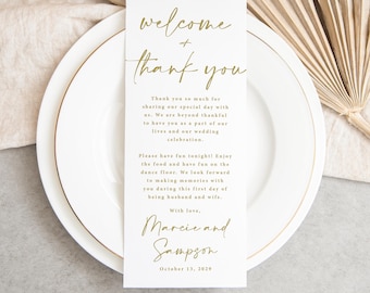 Gold Wedding Table Thank You Cards: personalized names, reception plate welcome note T195