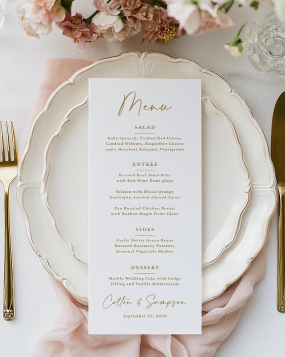 Gold Wedding Reception Menu Printed: Personalized Elegant Rehearsal Dinner, Shower or Party, M143