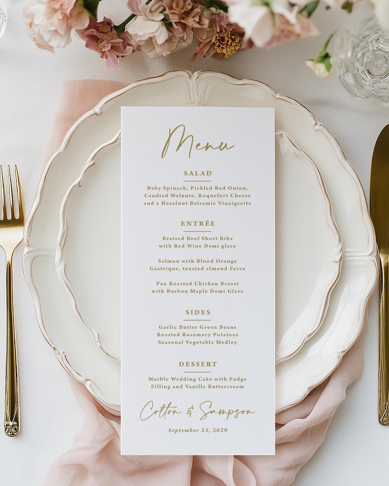 Gold Wedding Reception Menu Printed: Personalized Elegant Rehearsal Dinner, Shower or Party