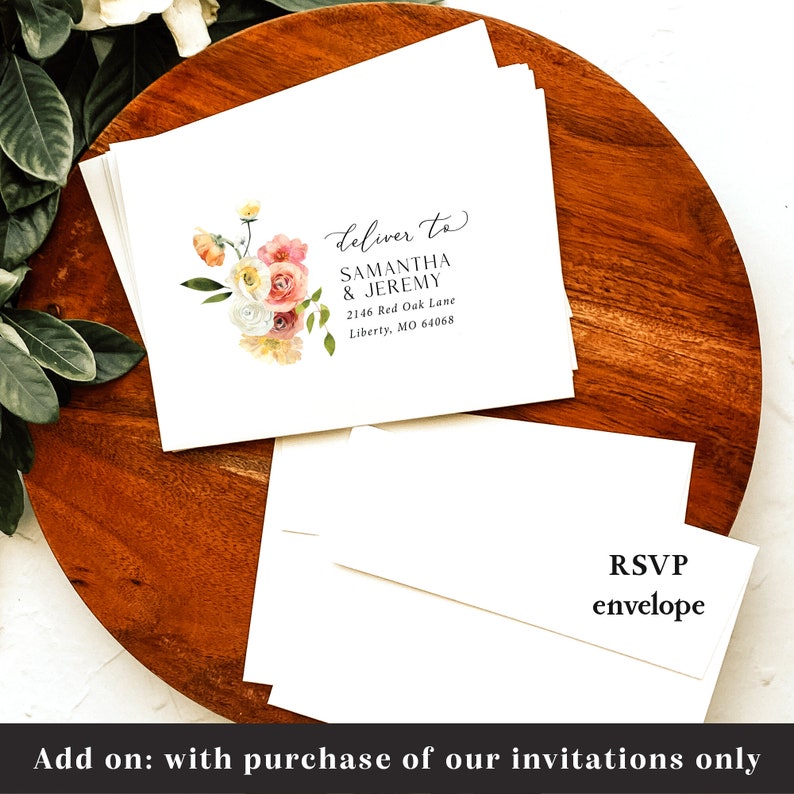 May include: A set of white envelopes with a floral design and the text "deliver to Samantha & Jeremy 2146 Red Oak Lane Liberty, MO 64068" printed on the front. The envelope on the bottom has the text "RSVP envelope" printed on the front.