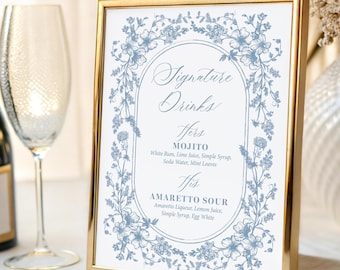 Dusty Blue Signature Cocktail Sign Printed, custom bar reception drinks, his and hers WS130