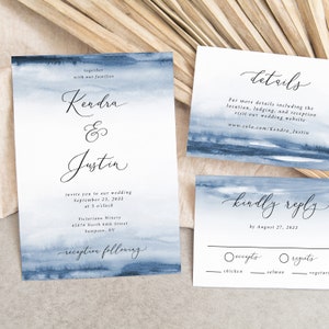 Indigo Wedding Invitation Printed Set, blue watercolor wedding invite, blue wedding invitation, elegant wedding invite, W135