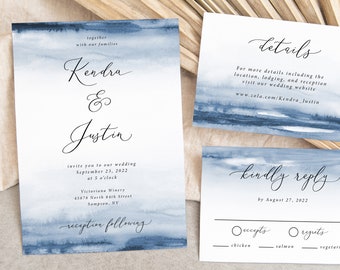 Indigo Wedding Invitation Printed Set, blue watercolor wedding invite, blue wedding invitation, elegant wedding invite, W135