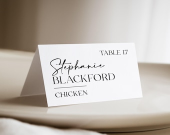 Simple Wedding Place Cards with Meal Choice, printed and personalized reception, black white, PC147