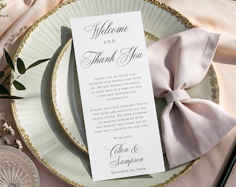 Classic Wedding Table Welcome and Thank You Cards printed: black and white modern T207