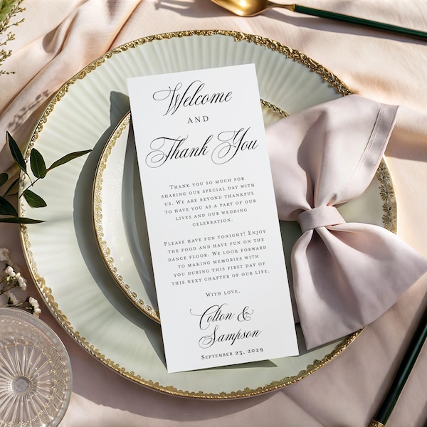 Classic Wedding Table Welcome and Thank You Cards printed: black and white modern T207