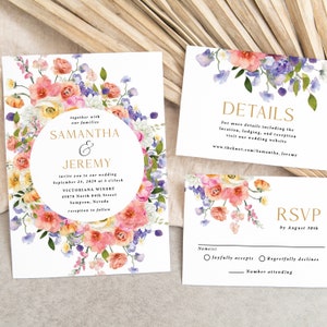 Wildflower Wedding Invitation printed, floral wedding invite, pastel wildflowers, with RSVP, wedding invitation suite, with envelopes, W134