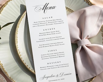 Classic Wedding Menu Printed: Personalized Rehearsal Dinner, Shower or Party, Black and White M108