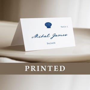Coastal Wedding Place Cards with Meal Choice, printed name card, blue seashell wedding reception decor, beach, nautical, personalized, PC201