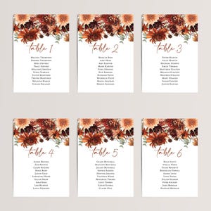 Terracotta Seating Chart Cards Printed: Fall Wedding Table Assignments with Autumn Florals, SC105