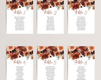 Terracotta Seating Chart Cards Printed: Fall Wedding Table Assignments with Autumn Florals, SC105
