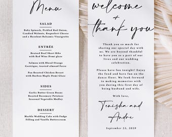 Printed Wedding Menu and Thank You Card, Double Sided, Simple Black and White M121