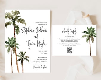 Palm Tree Wedding Invitation with QR code rsvp card printed, includes envelopes, perfect for tropical weddings and on the beach, W163