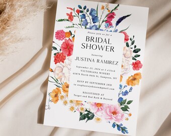 Wildflower Bridal Shower Invitations, Printed, With Envelopes, spring bridal shower, summer bridal shower, bright floral bridal shower, B115