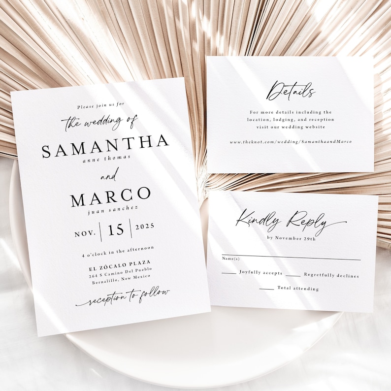 Simple Wedding Invitation Suite Printed: with envelopes, modern RSVP and details card,
