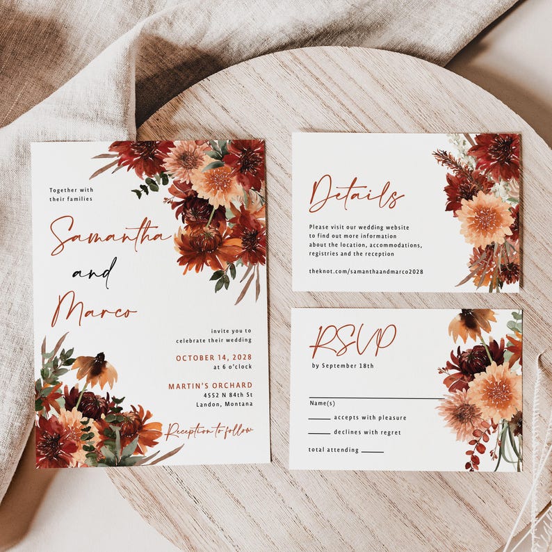 Terracotta Wedding Invitation suite printed: RSVP and details card, fall floral wedding, W130 image 10
