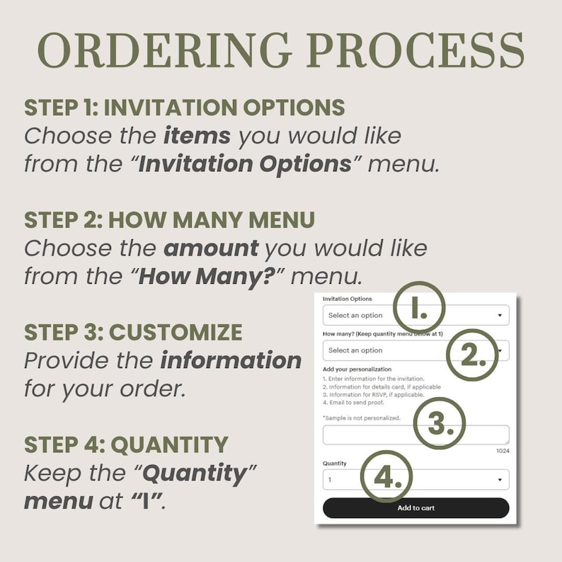 The image is a step-by-step guide for ordering a product or service, with a menu and a form for the user to choose their options.