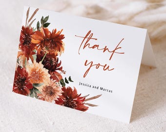 Fall Wedding Thank You Card Printed, with Envelopes, terracotta Folded and names personalized, T114