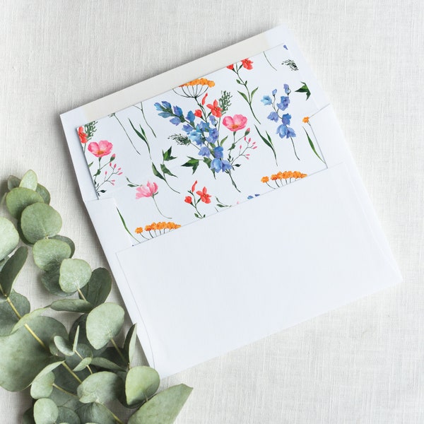 Wildflower Envelope Liner, square flap, A7 envelope, bright florals wedding, garden wedding envelope, flower wedding, EL103