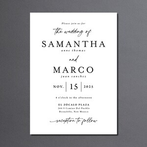 May include: Wedding invitation with black text on a white background. The invitation reads "Please join us for the wedding of Samantha anne thomas and Marco juan sanchez Nov. 15 2025 4 o'clock in the afternoon El Zocalo Plaza 264 S Camino Del Pueblo Bernalillo, New Mexico reception to follow"