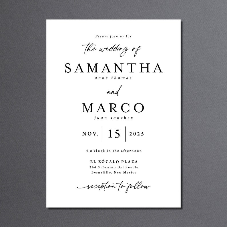 May include: Wedding invitation with black text on a white background. The invitation reads "Please join us for the wedding of Samantha anne thomas and Marco juan sanchez Nov. 15 2025 4 o'clock in the afternoon El Zocalo Plaza 264 S Camino Del Pueblo Bernalillo, New Mexico reception to follow"