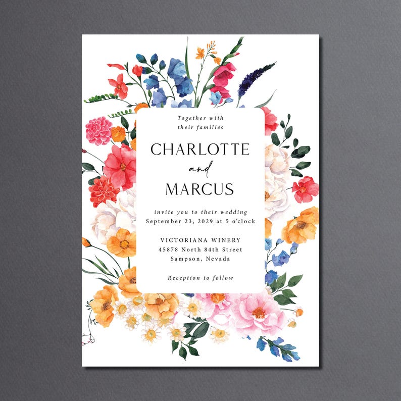 Wildflower Wedding Invitation Printed with Envelopes, Bright Floral Spring and Summer Wedding Suite, W169 image 6