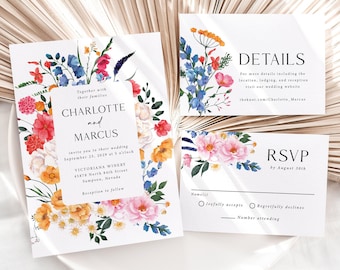 Wildflower Wedding Invitation Printed with Envelopes, Bright Floral Spring and Summer Wedding Suite, W169