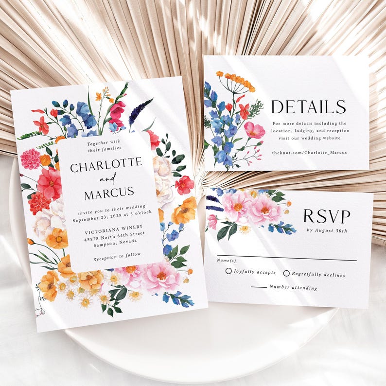 Wildflower Wedding Invitation Printed with Envelopes, Bright Floral Spring and Summer Wedding Suite