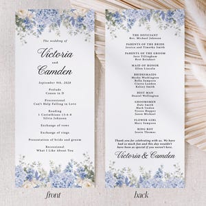 May include: A two-sided wedding program featuring a floral border of blue hydrangeas and white roses. The front lists the ceremony order for Victoria and Camden on September 9th, 2028. The back lists the wedding party and a thank you message.