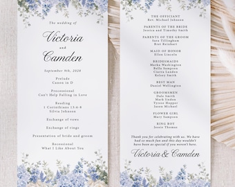 Dusty Blue Floral Wedding Program Printed: church order of ceremony, 4x9 inches, Hydrangeas, P110