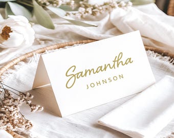 Gold Place Cards printed with personalized names tented: wedding rehearsal dinner or shower PC224