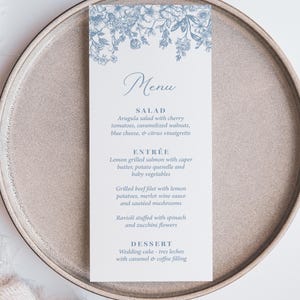 Dusty Blue Wedding Menu printed, dinner reception, French toile florals, M133