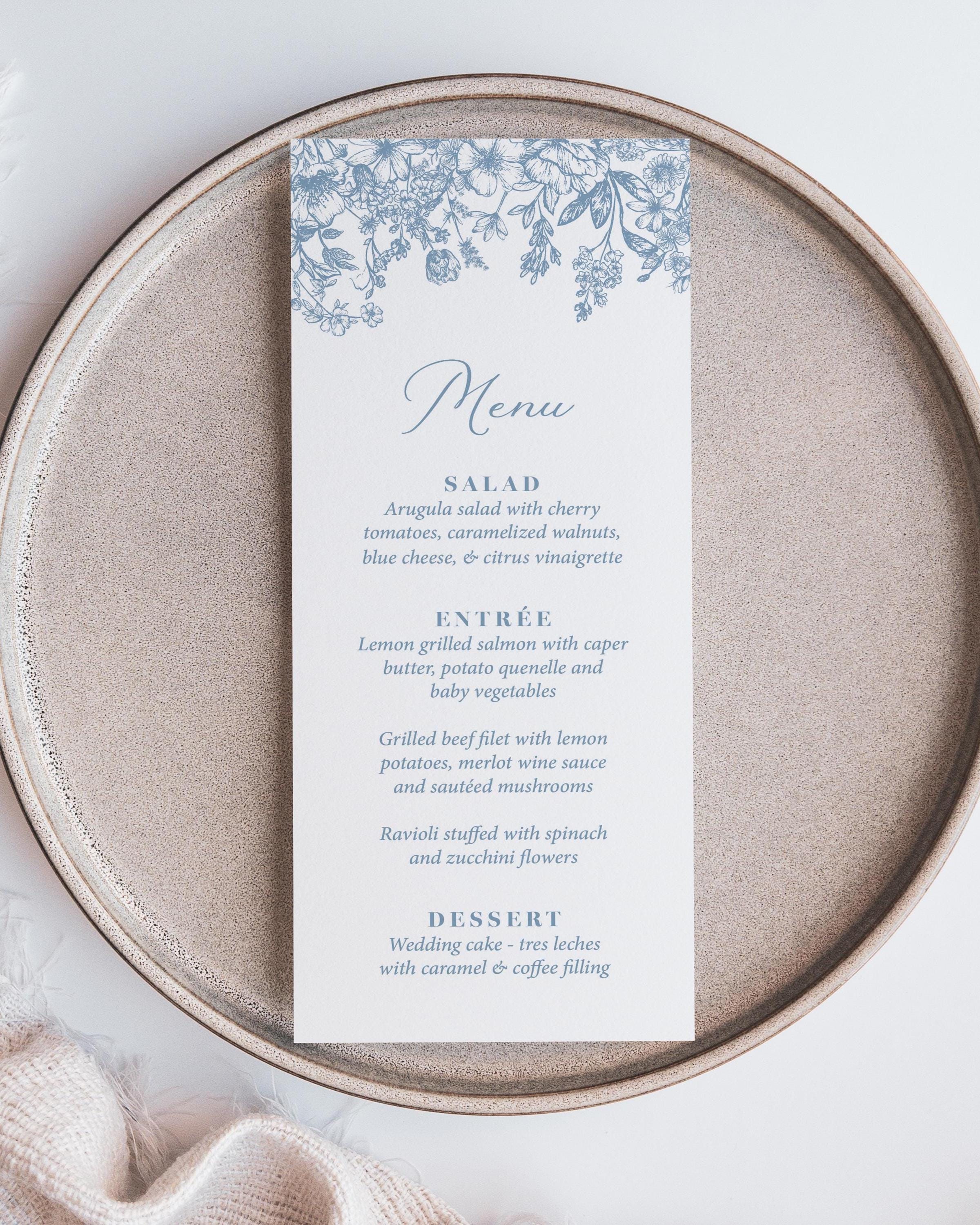 Dusty Blue Wedding Menu Printed, Dinner Reception, French Toile