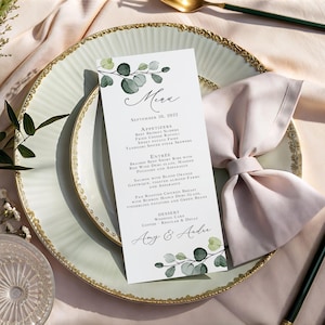 Eucalyptus Wedding Menu Printed printed, dinner menu cards, reception menu, wedding reception, greenery wedding menu, M103